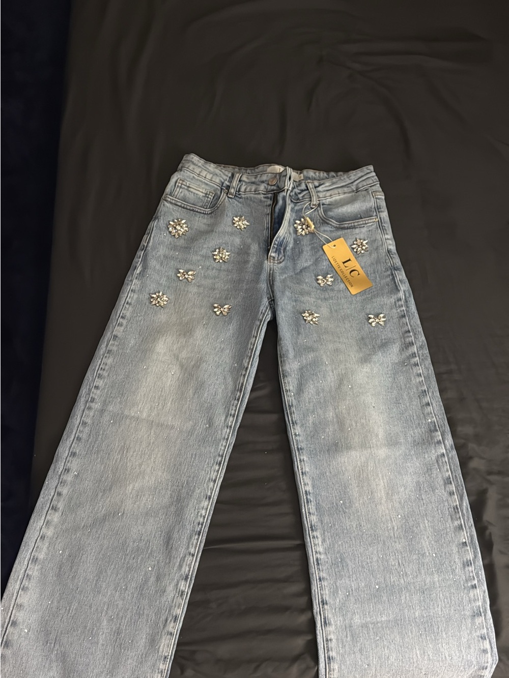Light Blue Embellished Straight-Leg Jeans